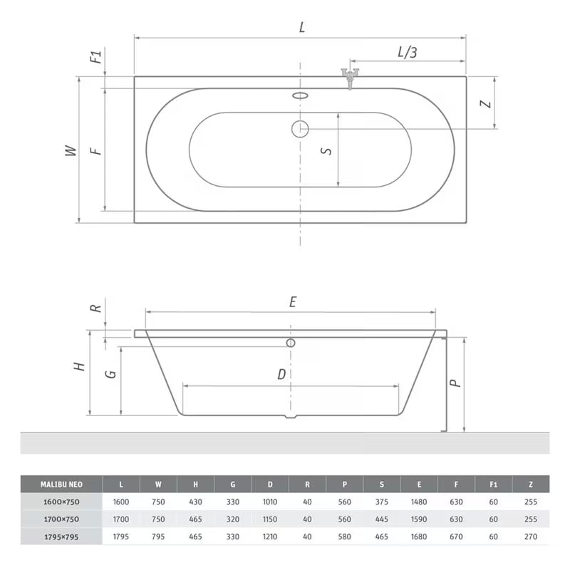 Pravokutna akrilna kada Roth Malibu Neo u simetričnom klasičnom obliku