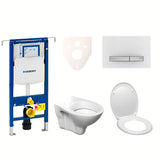 Viseći WC set S-Line Pro s modulom Geberit Duofix, sjedalom i tipkom za ispiranje Sigma 50 u bijeloj boji.