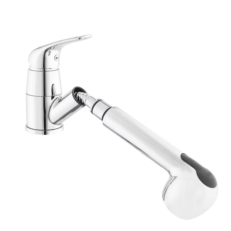 Kromirana miješalica za sudoper s okretnim izljevom s izvlačnim tušem s dva mlaza.