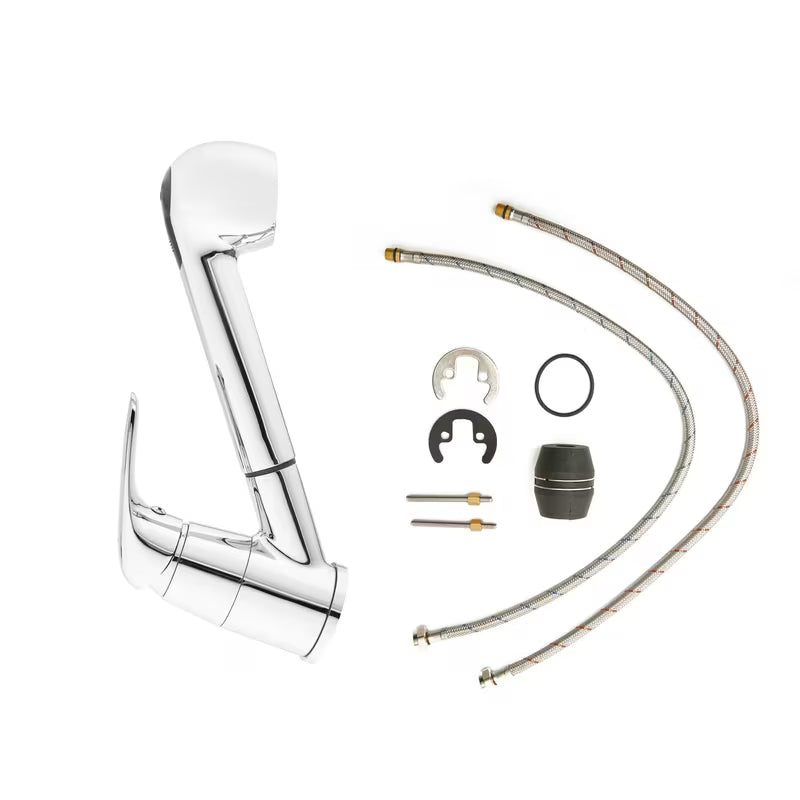 Kromirana miješalica za sudoper s okretnim izljevom s izvlačnim tušem s dva mlaza.