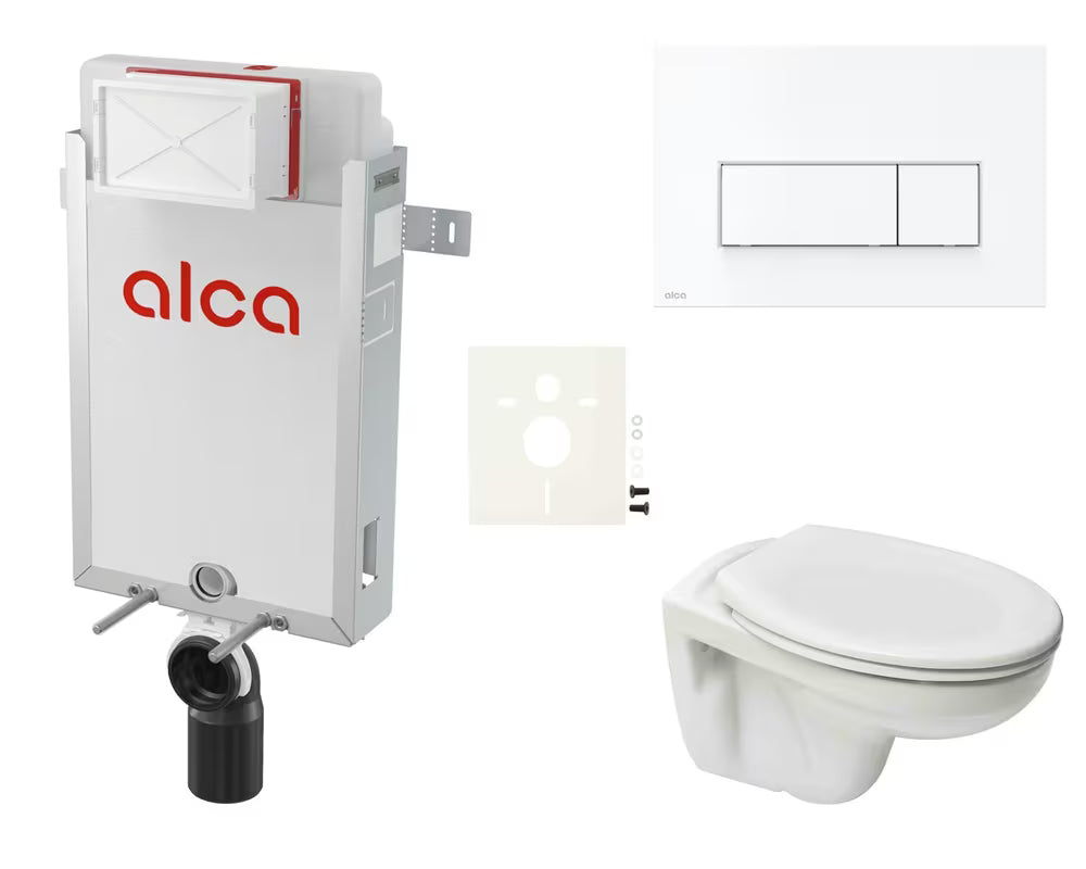 Viseći WC set S-Line Pro s modulom za ugradnju u zid, integriranim vodokotlićem i bijelom tipkom za ispiranje.