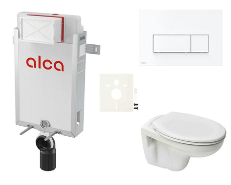 Viseći WC set S-Line Pro s modulom za ugradnju u zid, integriranim vodokotlićem i bijelom tipkom za ispiranje.