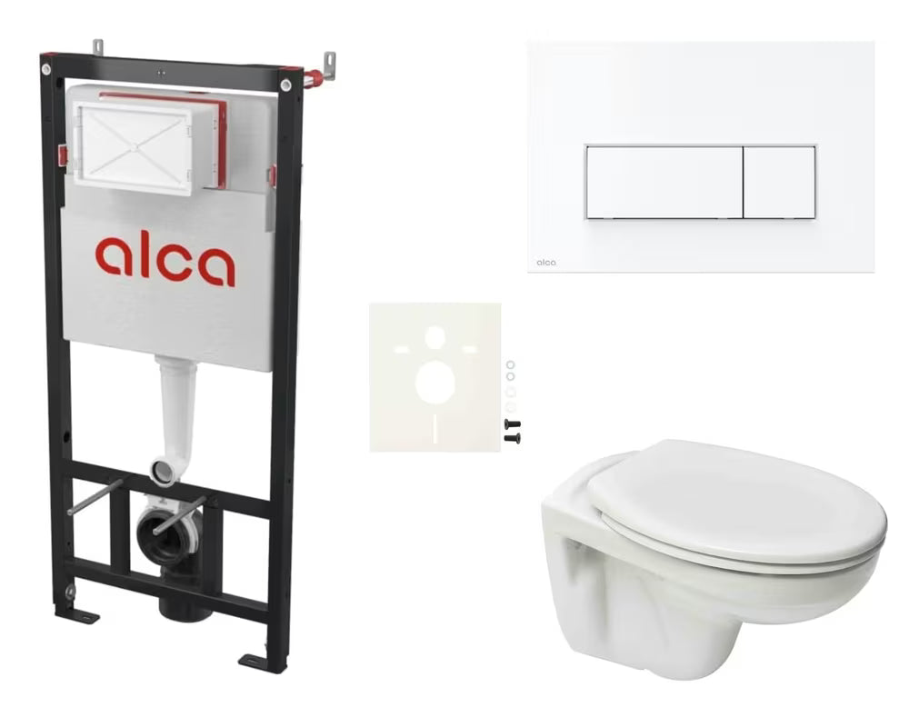 Viseći WC set S-Line Pro sa skrivenim vodokotlićem Alca pro za lagane zidove i predzidnu ugradnju.