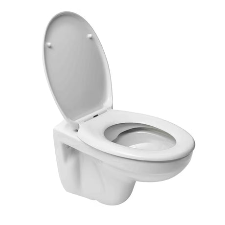 Bijeli viseća WC školjka SIKO S-Line Pro bez sustava za ispiranje s vodoravnim odvodom.