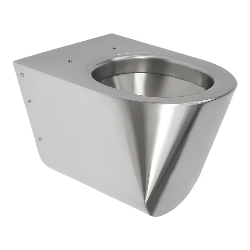 Viseće nehrđajući WC školjke Sanela Supersteel u mat antivandal izvedbi s crnim sjedalom.