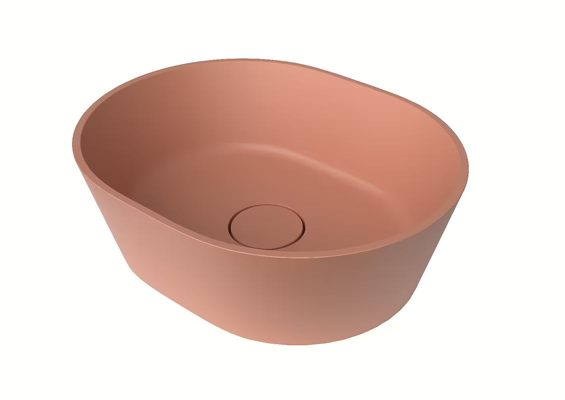 Ružičasti umivaonik na ploču SAT Aula od lijevanog mramora bez otvora za miješalicu i bez preljeva