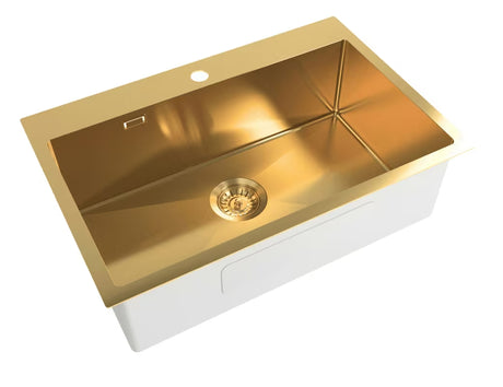 Kuhinjski jednostruki sudoper SAT Aurum u izvedbi gold od brušenog nehrđajućeg čelika, montaža na radnu ploču.