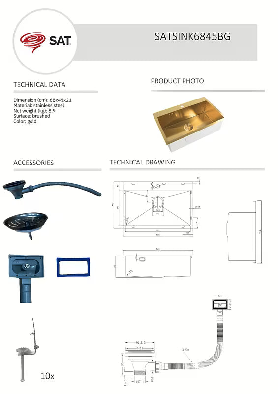 Kuhinjski jednostruki sudoper SAT Aurum u izvedbi gold od brušenog nehrđajućeg čelika, montaža na radnu ploču.