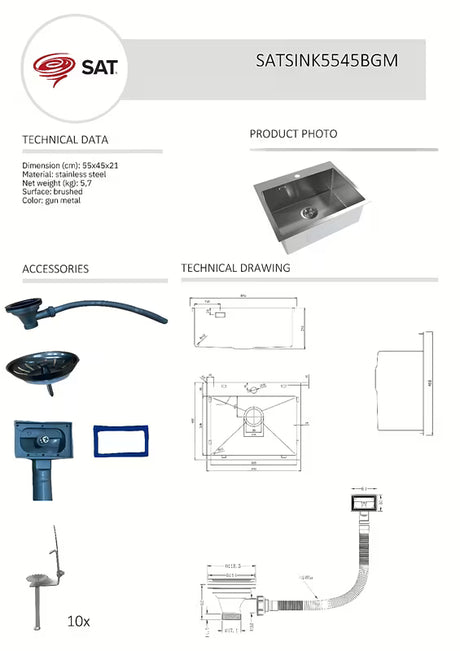 Kuhinjski jednostruki sudoper od nehrđajućeg čelika SAT Aurum gun metal, pro ugradnja na radnu ploču, bez ocjedne plohe