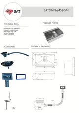 Kuhinjski inox jednostruki sudoper SAT Aurum gun metal, montaža na radnu ploču, 68x45x21 cm.