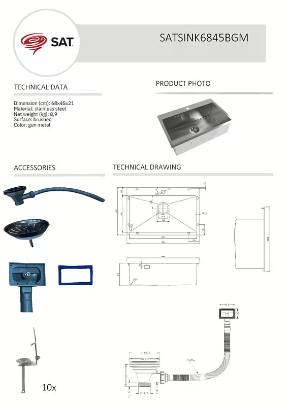 Kuhinjski inox jednostruki sudoper SAT Aurum gun metal, montaža na radnu ploču, 68x45x21 cm.