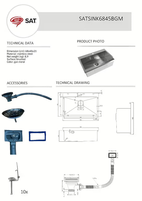Kuhinjski inox jednostruki sudoper SAT Aurum gun metal, montaža na radnu ploču, 68x45x21 cm.