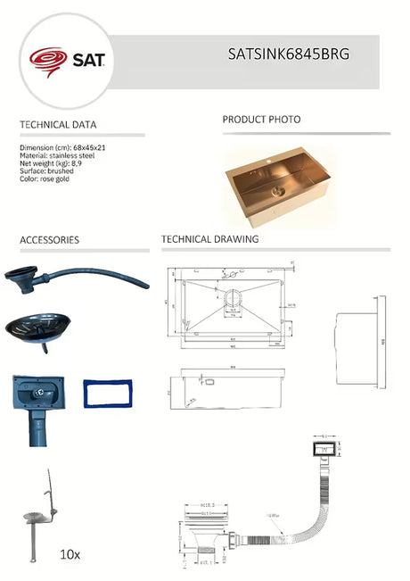 Kuhinjski jednostruki sudoper SAT Aurum rose gold od brušenog nehrđajućeg čelika, montaža na radnu ploču
