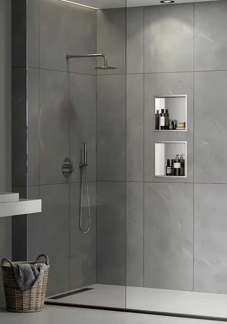 Ugradbena tuš polica SAT Aurum od nehrđajućeg čelika u boji brušenog čelika s okvirom