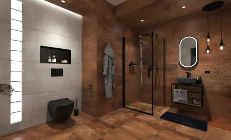 Ugradbena polica SAT Aurum od nehrđajućeg čelika u mat crnoj boji sa stabilnim okvirom oko niše.