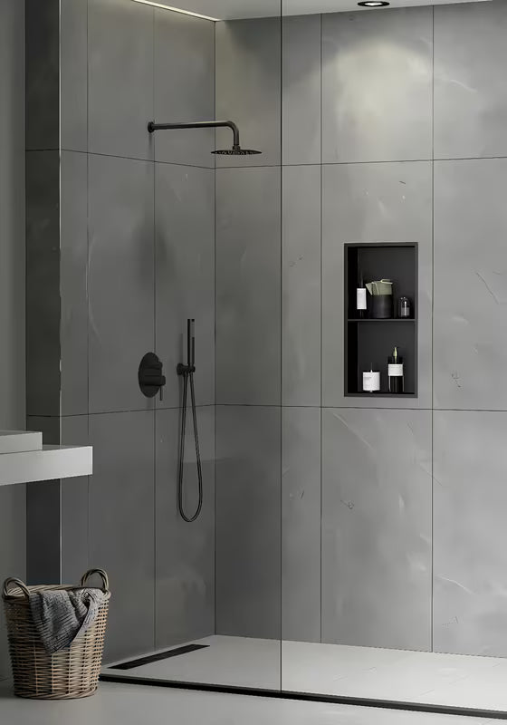 Tuš niša SAT Aurum od nehrđajućeg čelika u crnoj mat boji s okvirom i dodatnom policom