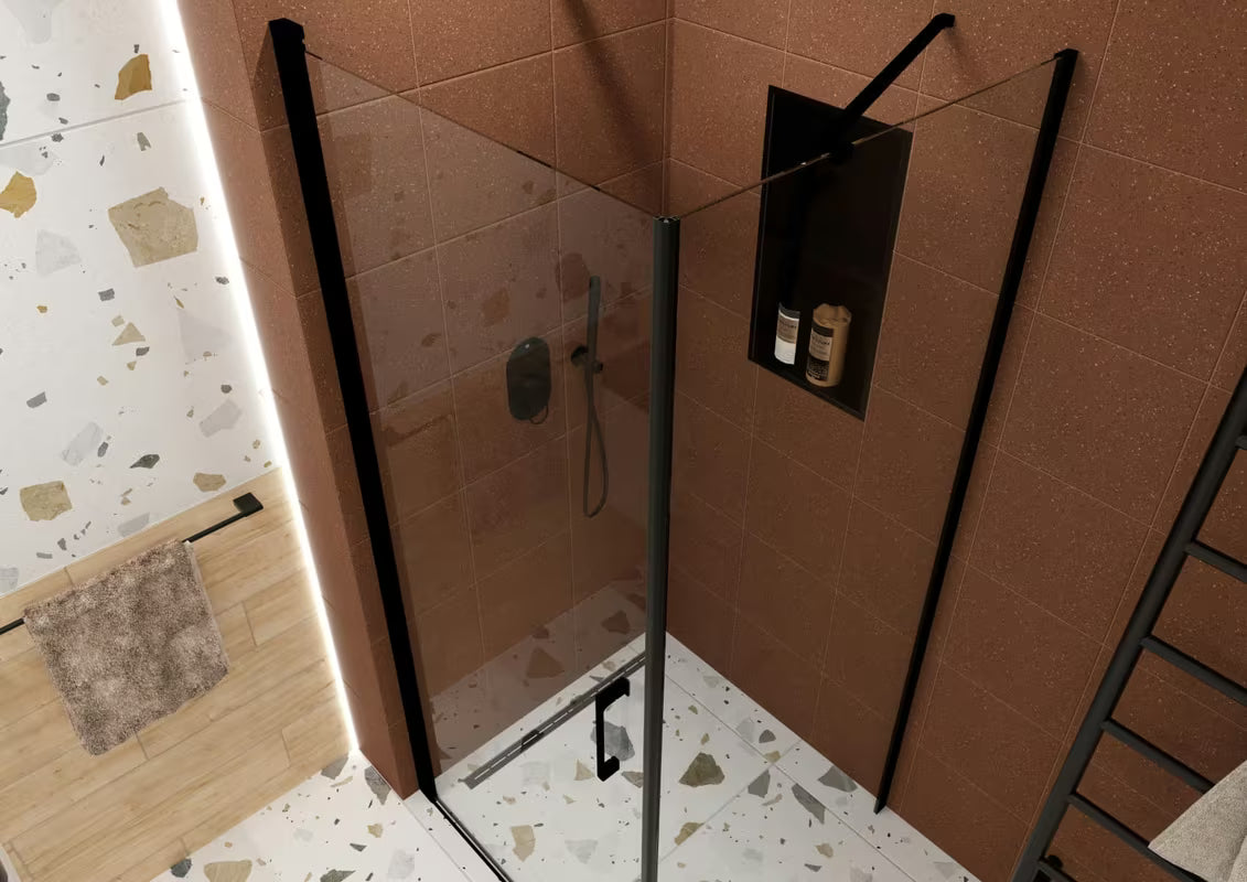 Tuš niša SAT Aurum od nehrđajućeg čelika u mat crnoj boji s okvirom i dodatnom policom