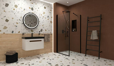 Tuš niša SAT Aurum od nehrđajućeg čelika u mat crnoj boji s okvirom i dodatnom policom