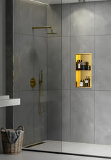 Tuš niša SAT Aurum u zlatnoj boji s okvirom i dodatnom policom u sredini