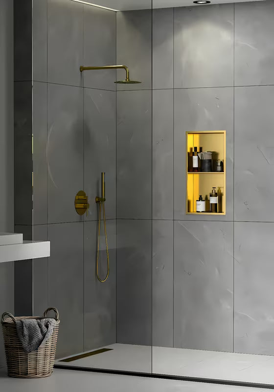 Tuš niša SAT Aurum u zlatnoj boji s okvirom i dodatnom policom u sredini