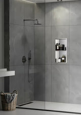 Ugradbena dvostruka tuš polica SAT Aurum od nehrđajućeg čelika u boji brušenog čelika s okvirom.