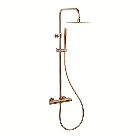 Tuš sustav SAT Aurum s termostatskom miješalicom u izvedbi rose gold brushed s nadglavnim i ručnim tušem.