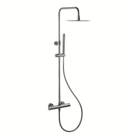 Tuš sustav SAT Aurum s termostatskom miješalicom u brušenoj izvedbi gun metal s nadglavnim i ručnim tušem.