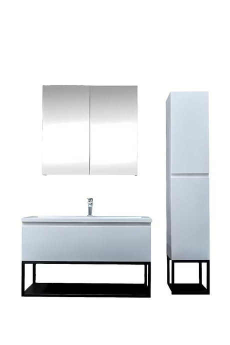Kupaonski set SAT B-Way u bijelom sjaju s ormarićem, umivaonikom i crnim metalnim okvirom