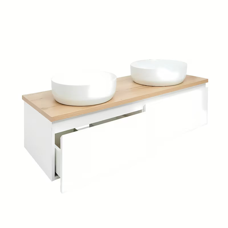 Viseća kupaonski ormarić SAT B-Way u bijelom sjaju s pokrovnom pločom u dekoru hrasta i s dva umivaonika na ploču.