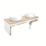 Viseća kupaonski ormarić SAT B-Way u bijelom sjaju s pokrovnom pločom u dekoru hrasta i s dva umivaonika na ploču.