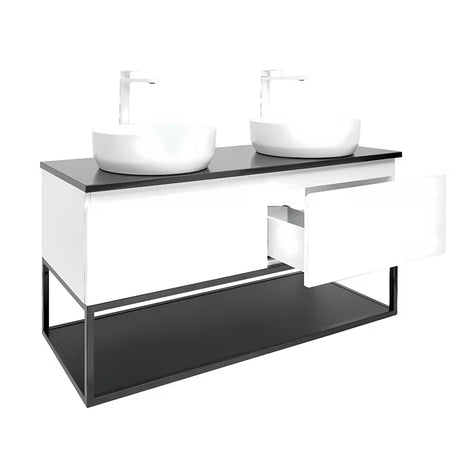 Viseća kupaonski ormarić SAT B-Way u sjajnoj bijeloj boji s pokrovnom pločom i s dva umivaonika na ploču