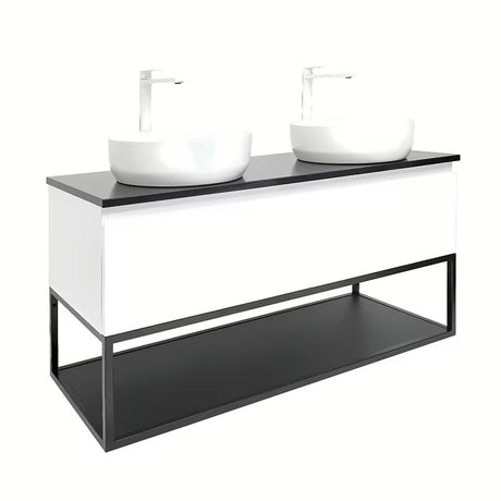 Viseća kupaonski ormarić SAT B-Way u sjajno bijeloj boji s pokrovnom pločom od lijevanog kamena