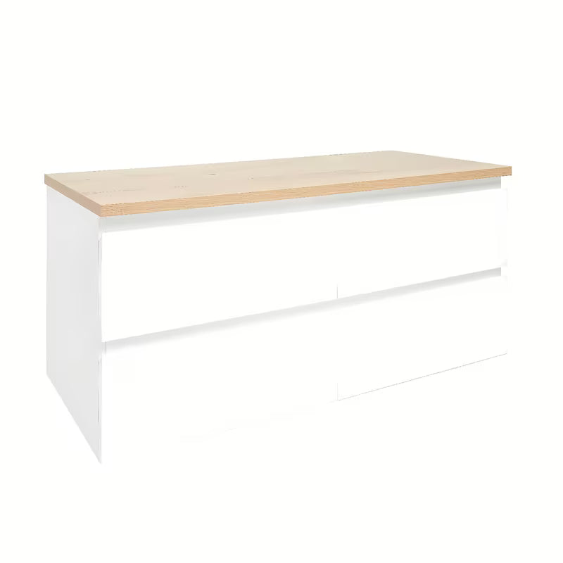 Viseća kupaonski ormarić SAT B-Way u sjajno bijeloj boji s hrastovom pokrovnom pločom i četiri ladice.