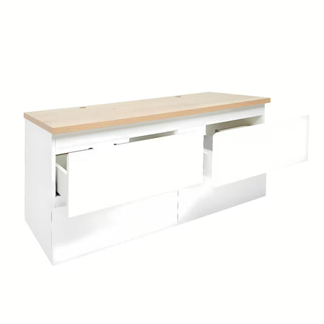 Viseća kupaonski ormarić SAT B-Way u sjajno bijeloj boji s hrastovom pokrovnom pločom i četiri ladice.