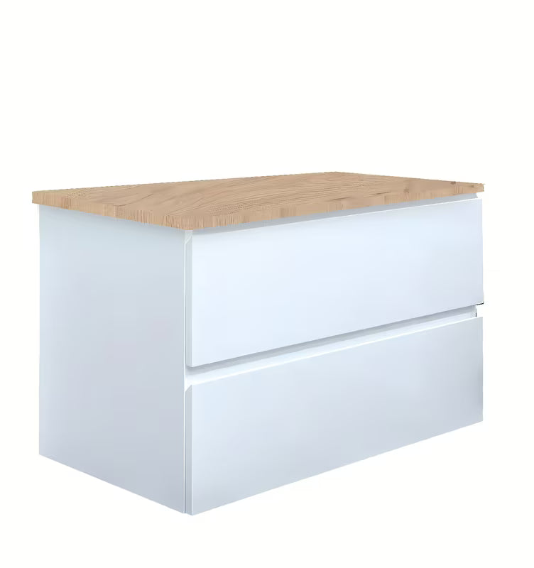 Viseća kupaonski ormarić SAT B-Way u bijelom sjaju s dvije ladice i pokrovnom pločom u dekoru hrasta.