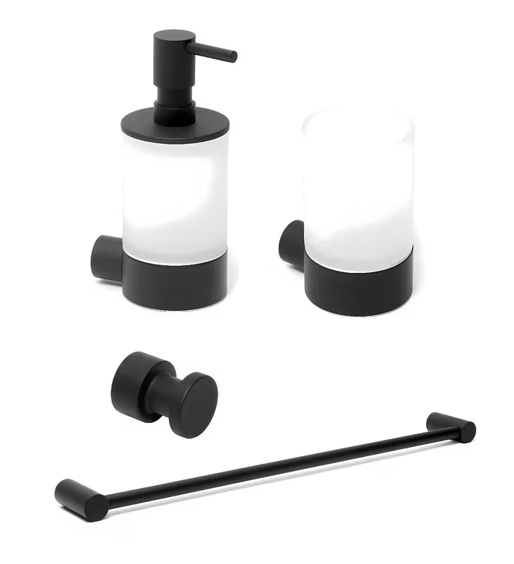 Crna set kupaonskih dodataka SAT B-way s kukicom, dozatorom za sapun, držačem papira i WC školjke WC četkom.