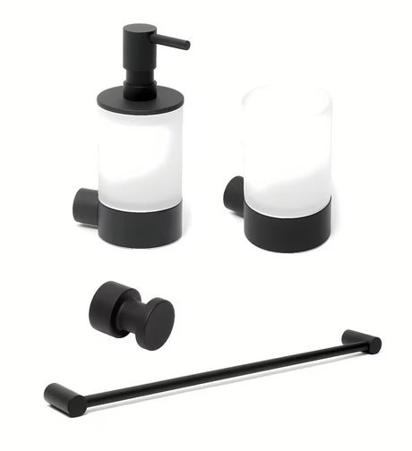 Crna set kupaonskih dodataka SAT B-way s kukicom, dozatorom za sapun, držačem papira i WC školjke WC četkom.