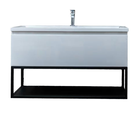 Bijela viseća ormarić s umivaonikom SAT B-Way s crnim metalnim okvirom i umivaonikom od lijevanog mramora.