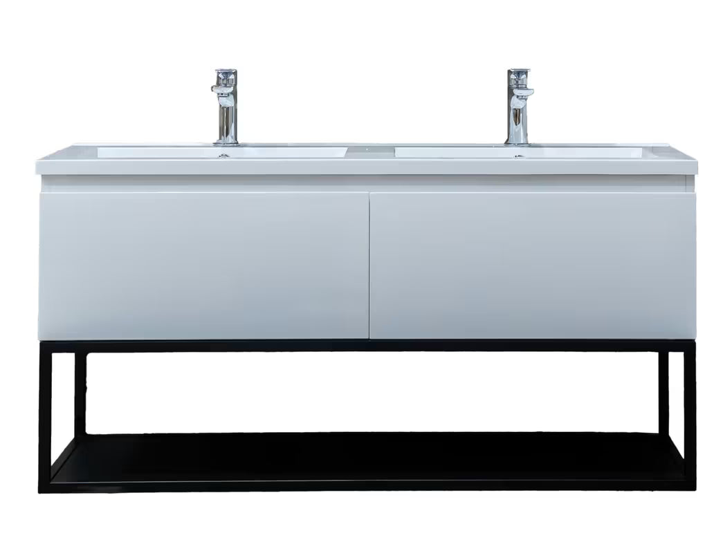 Viseća kupaonski ormarić SAT B-Way s dvostrukim umivaonikom od lijevanog mramora u sjajnoj bijeloj boji