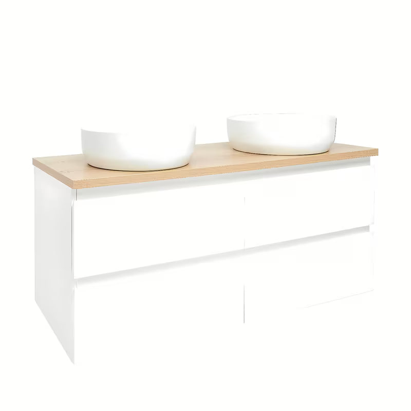 Viseća ormarić s umivaonicima SAT B-Way u sjajnoj bijeloj boji s pokrovnom pločom u dekoru hrasta