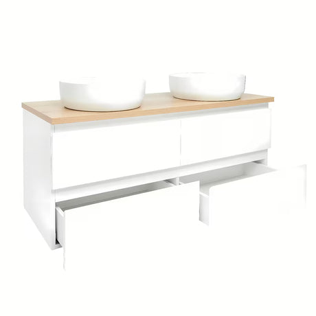 Viseća ormarić s umivaonicima SAT B-Way u sjajnoj bijeloj boji s pokrovnom pločom u dekoru hrasta