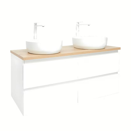 Viseća kupaonski ormarić SAT B-Way u sjajnoj bijeloj boji s hrastovom pločom i dva umivaonika na ploču