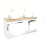 Viseća kupaonski ormarić SAT B-Way u sjajnoj bijeloj boji s hrastovom pločom i dva umivaonika na ploču