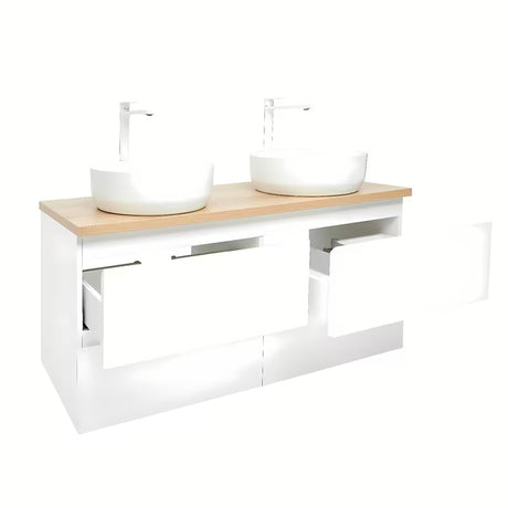 Viseća kupaonski ormarić SAT B-Way u sjajnoj bijeloj boji s hrastovom pločom i dva umivaonika na ploču