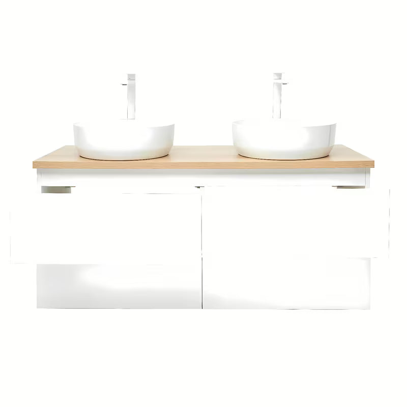 Viseća kupaonski ormarić SAT B-Way u sjajnoj bijeloj boji s hrastovom pločom i dva umivaonika na ploču