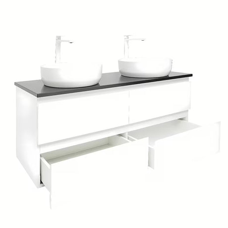 Viseća kupaonski ormarić s umivaonicima SAT B-Way u bijeloj boji, visoki sjaj s pločom od umjetnog kamena