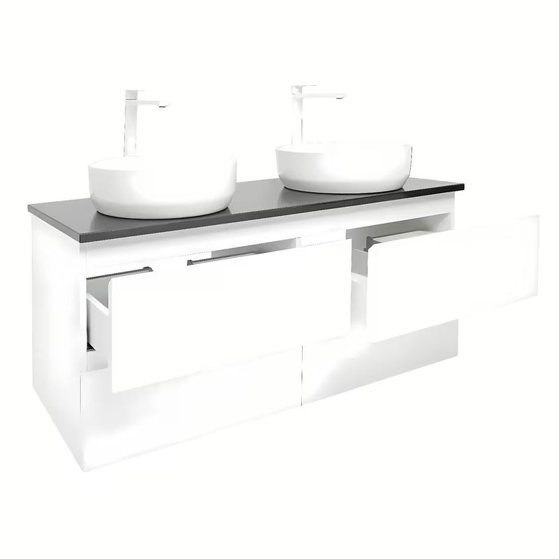 Viseća kupaonski ormarić s umivaonicima SAT B-Way u bijeloj boji, visoki sjaj s pločom od umjetnog kamena