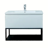 Viseća ormarić s umivaonikom SAT B-Way u sjajno bijeloj boji s crnim metalnim okvirom.