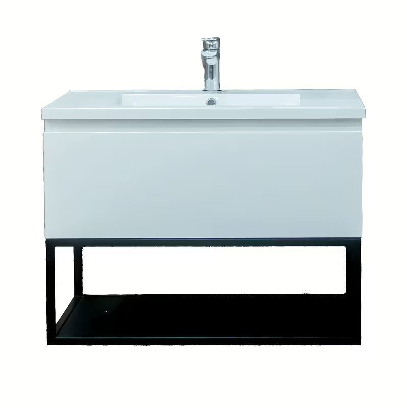 Viseća ormarić s umivaonikom SAT B-Way u sjajno bijeloj boji s crnim metalnim okvirom.