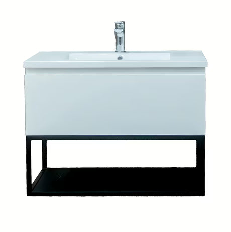 Viseća ormarić s umivaonikom SAT B-Way u sjajno bijeloj boji s crnim metalnim okvirom.